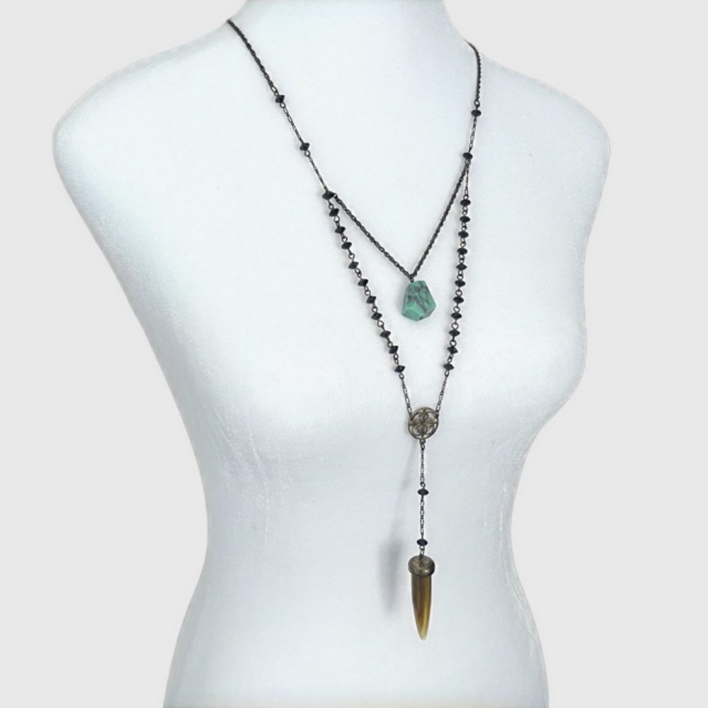 Two-Tiered Antiqued Bronze Tone Black & Turquoise Beaded Necklace